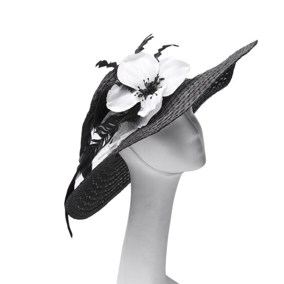 Woven Faux Straw Large Brim Hat Feathers Flowers Queens Plate Summer Black White - Picture 7 of 12